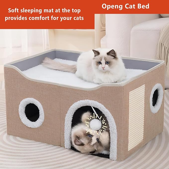Cat Houses for Indoor Cats - Large Cat Bed Cave with Scratch Pad and Fluffy Ball, Foldable Cat Condo Hideaway with Reversible Cushion for Multi Small Pet (Beige, Double)