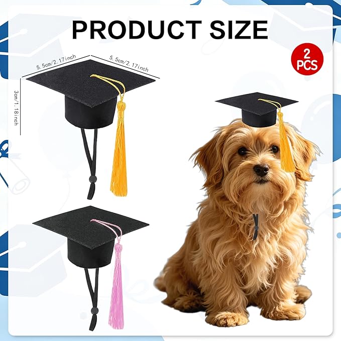 Mini Graduation Caps with Gold and Pink Tassel, 2 Pack Black Mini Graduation Caps, Small Animal Bachelor Hats for Adjustable Pet Graduation Photo Props Cat Dog Holiday Costume Accessories