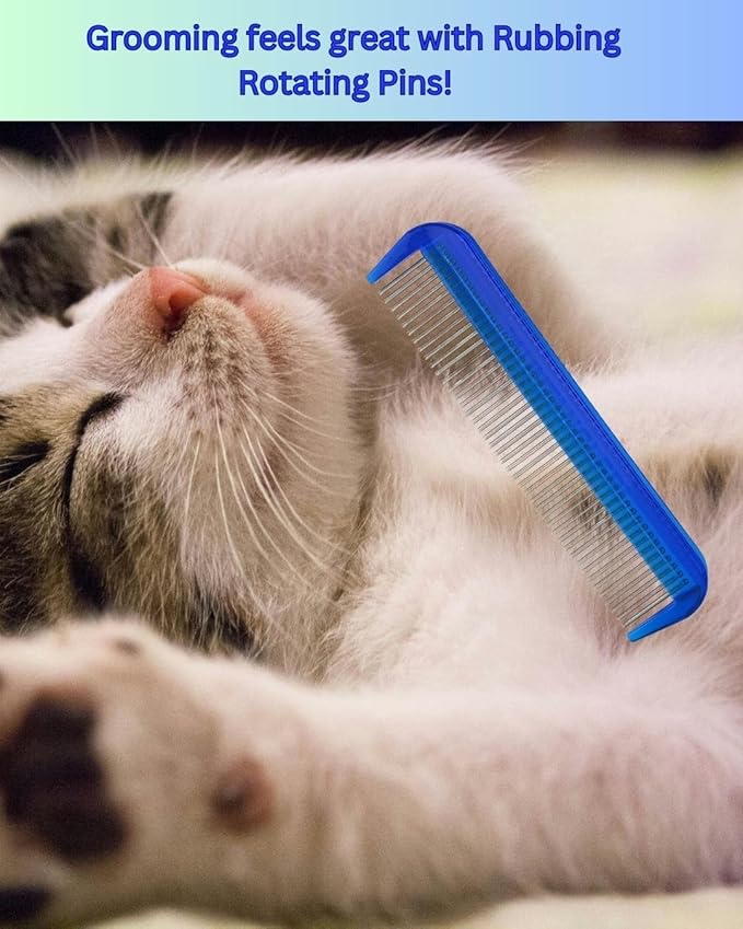 Cat Comb with Silky Smooth Rotating Teeth - Clears Mats Gently (5" Ultra Fine, 7" Dual-Spaced) (Blue, 5" Ultra Fine)
