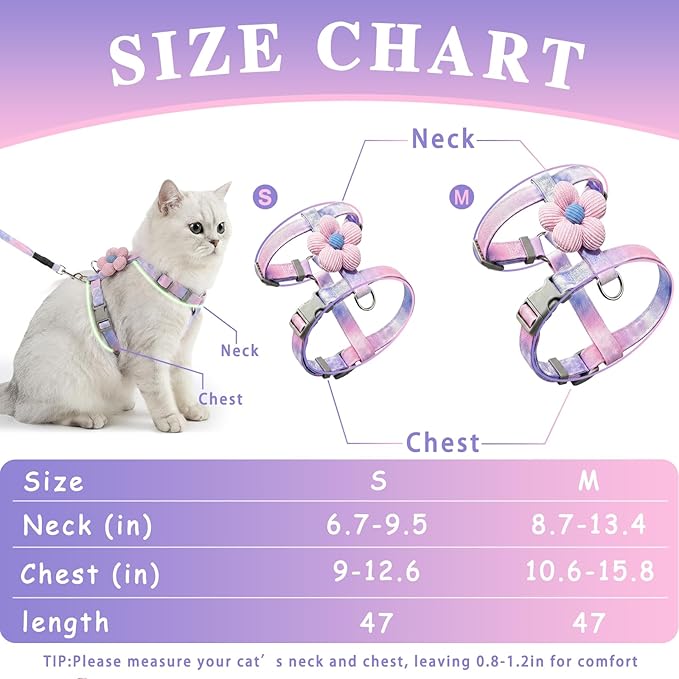 Tensho Cat Harness and Leash Set – Escape Proof Adjustable Cat Harness with Flowers, Comfortable Soft, Lightweight Safe, Easy to Wear Walking & Travel Harness(Purple M)