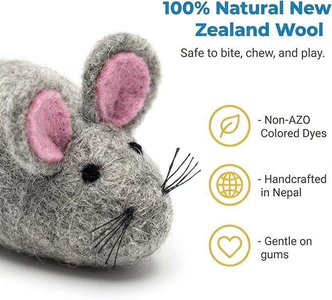 Glaciart One Felt Mouse Cat Toy – Soft Fuzzy Enrichment 100% Natural Wool - Interactive Catnip Play Cat Toy Set - Safe for Pets, Non-AZO Colored Dyes - 100” Long