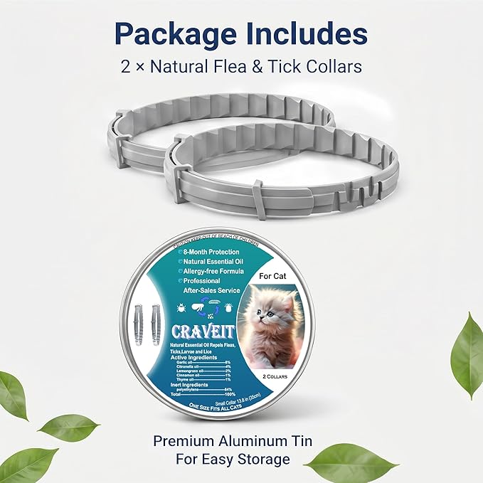Craveit Cat Flea Collar, 2 Pack Flea Collar for Cats, Gentle Plant-Based Tick Repellent for cat, Waterproof & Adjustable, 8-Month Long-Lasting Defense