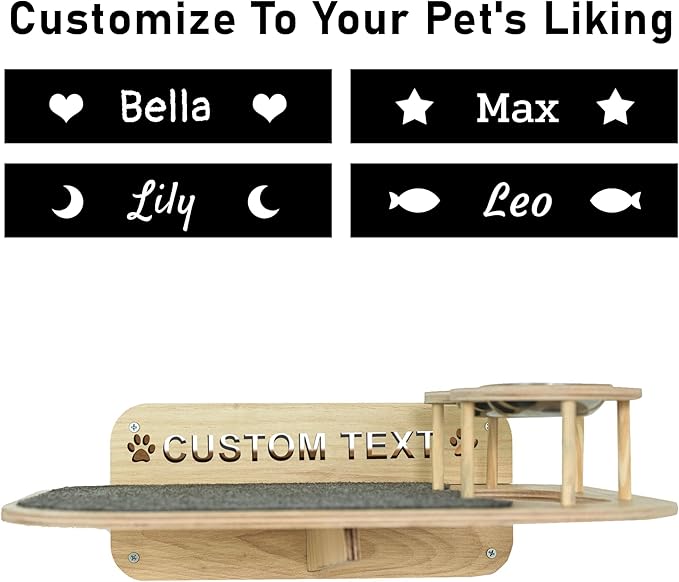 Personalized Cat Shelves, Wood Wall Mounted Furniture, Feeding Shelf with 2 Food Bowls, Large Perch Wooden Toy Bed for Playing Sleeping Scratching, Your Cat Gifts