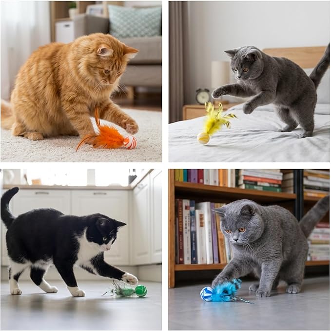 5 Pcs Feather Cat Toy, Cat Toy Balls with Natural Feathers, Interactive Indoor Cats Toys for Playful Kittens, Feather Bouncy Balls for Cats