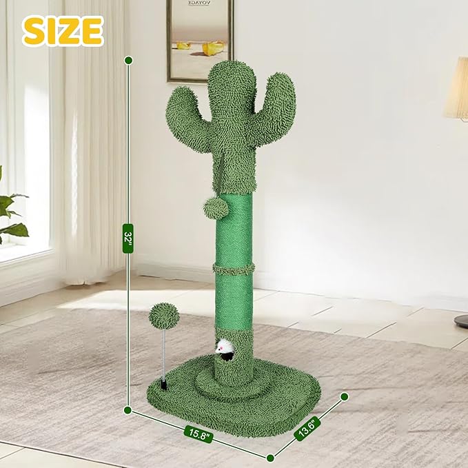 Tall Cat Scratching Post for Indoor Cats Adults, Cat Scratch Post with Sisal Rope Claw Scratcher, Solid Wood Cat Tower with Scratching Post and Cat Toys Mouse Hole,Cactus Small Cat Tree(Green Cactus)