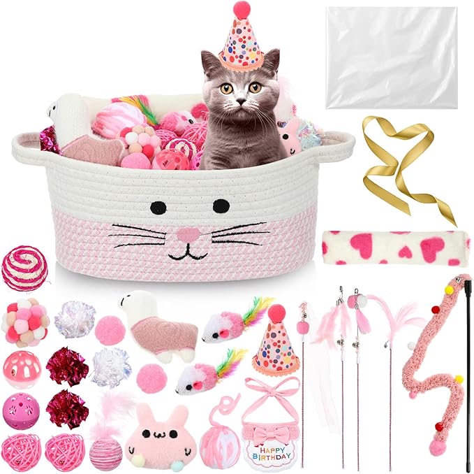 Zopeal Graduation Cat Toy Set Interactive Cat Toys Pack Including Feather Teaser Wand Plush Gift Outfit Mice Crinkle Balls and Pet Bell Balls, Puzzle for Indoor Cats Gift Basket for Kitten(Pink)
