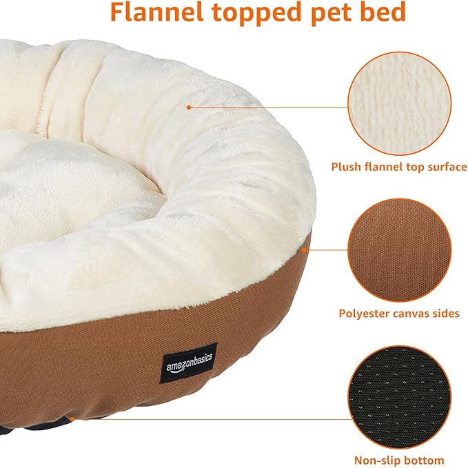 Amazon Basics Round Bolster Pet Bed for Dog or Cat with Flannel Top, 20.0" L x 20.0" W x 8.0" Th, Brown and Ivory