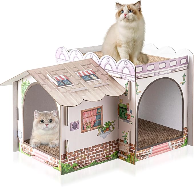 Lineshading 2 Story Cardboard Cat House with Scratcher Pad, Multi Level Durable Cat Scratcher House for Small Kitten Bunny Rabbit Animals Christmas Birthday Gift(17x12x10,Cottage)