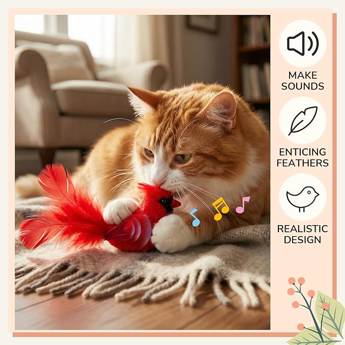 3 Pcs Bird Cat Toy with Chirping Sound, 3.15 Inch Interactive Exercise Toy with Lifelike Bird Chirp, Red Cardinal Blue Jay Goldfinch for Indoor Bored Cats Kittens, Gifts for Valentines Day
