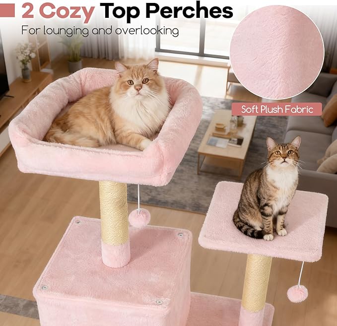 DORTALA 75" Tall Modern Cat Tree, Multi-Level Cat Tower with Large Condos, Sisal Scratching Posts, Top Perch, Hammock, Dangling Balls, Kitten Beds & Climbing Furniture for Indoor Cats (Pink)