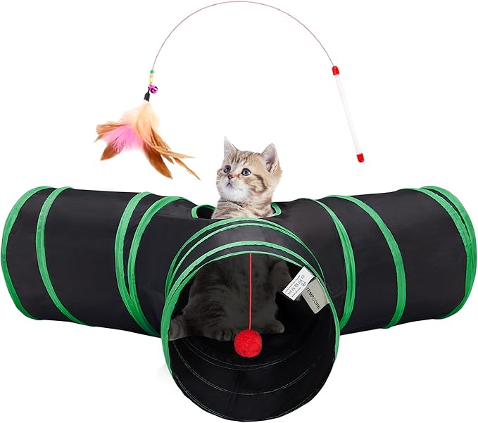 Tempcore Cat Tunnel for Indoor Cats, 3-Way Collapsible Play Tunnel with Teaser Wand, Peek Holes & Toy Ball, Small Pet Toy for Kittens & Rabbits, Black & Green