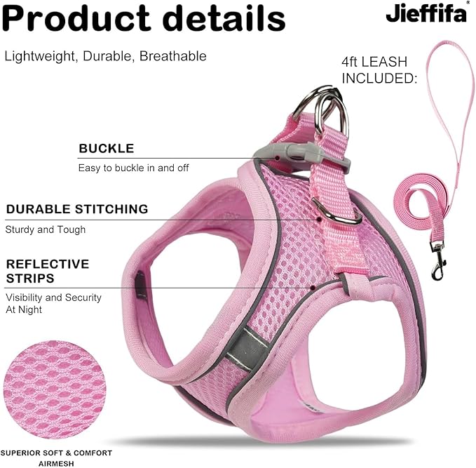 Cat Harness and Leash Set - Adjustable Soft Vest, Reflective Step-in Design for Safe Walking (Pink)