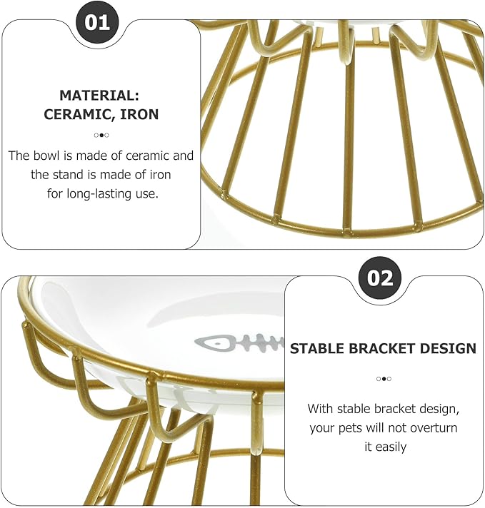Garneck Elevated Cat Food Bowl with Ceramic Whisker-Friendly Dish and Gold Metal Stand, Anti-Vomiting Raised Pet Feeder for Cats, Compact Feeding and Watering Bowl for Indoor Use