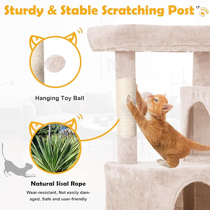 36 Inches Cat Tree for Indoor Cats, Multi-Level Cat Tower with Scratching Posts, Ramp, Plush Perch & 2 Condos, Stable for Multiple Cats Kittens House & Small Room, Beige