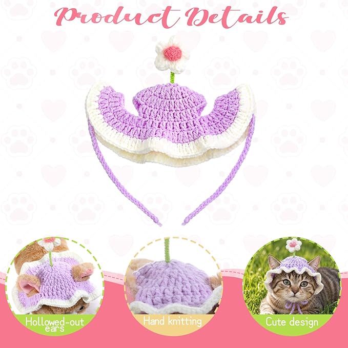 Cat Hats for Cats Only Cute Knit Cat Hat Flower Hat with Adjustable Cord Handmade Crochet Cats Clothes Soft Cute Knitted Hats Christmas Party Costume Accessory for Puppy Kitten (Purple, Pink)