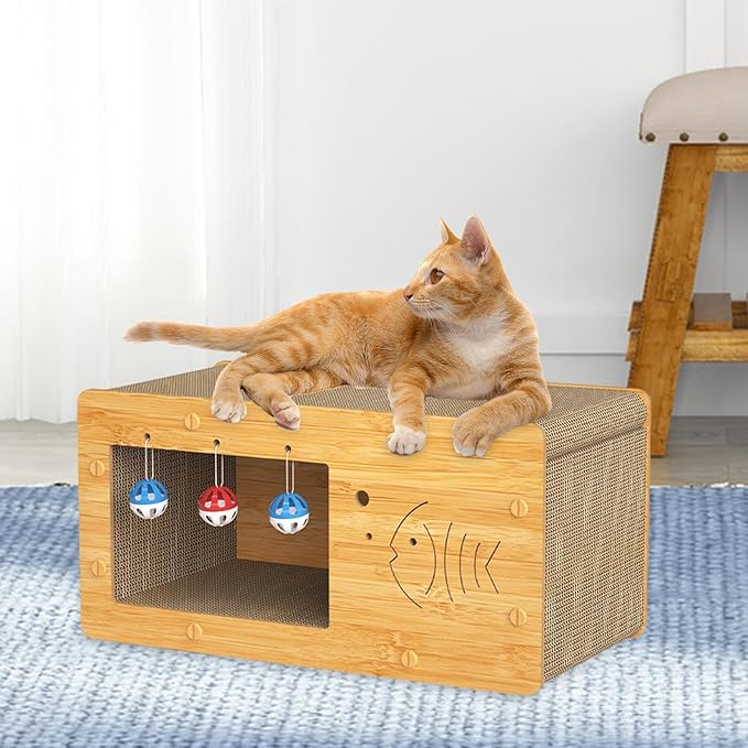 Cat Nest Cat Bed with Scratching Board Activity Toys Non Slip Decoration Multifunctional Crafts Furniture Protection Cat Cardboard Bed, Fish Pattern, L