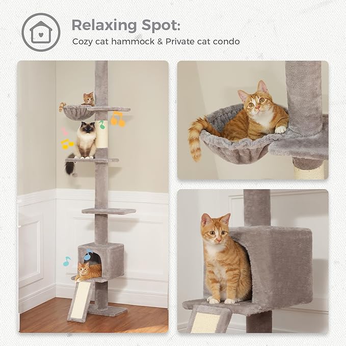 PETEPELA Floor to Ceiling Cat Tree, Cat Tower 5 Tiers Tall (83-108 Inches) Adjustable Height, Cats Climbing Tree Featuring with Condo, Scratching Post and Big Perches for Indoor Cats, Grey