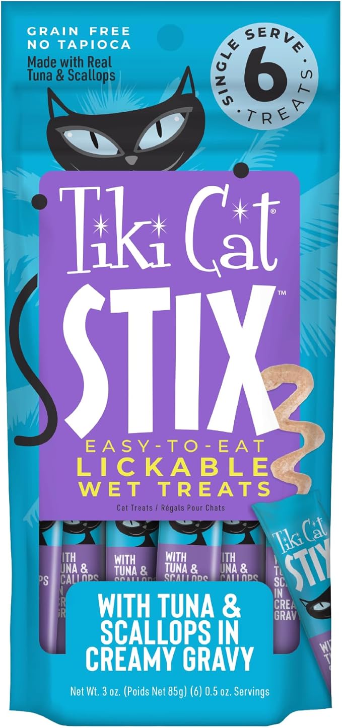 Tiki Cat Stix Wet Mousse Cat Treats, 3 oz. Pouch of Single Serve Lickable Treats, Tuna & Scallops in Creamy Gravy, (12 Pack of 72 Tubes)