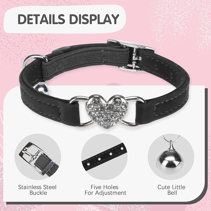 BINGPET 2 Pack Diamond Cat Collar with Bells and Safety Belt, Adjustable Soft Velvet Kitten Collar with Bling Heart Jewelry, Cute Black & Pink Cat Collars for Girls & Boys(Neck Girth 8"-10")