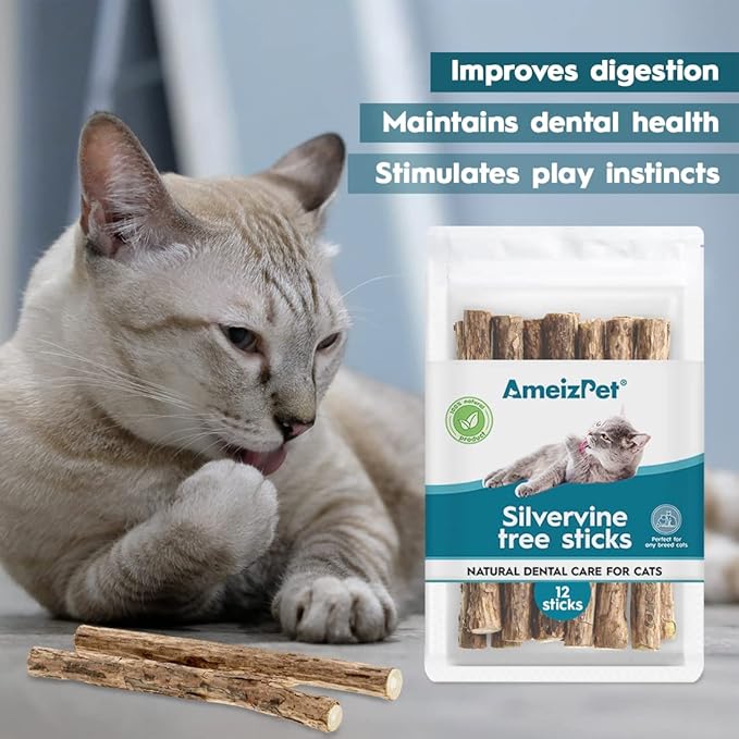 AmeizPet Catnip Sticks for Cats, Cat Dental Chew Sticks - Natural Matatabi Cat Dental Care, Silvervine Cat Teeth Cleaning (12 pcs)