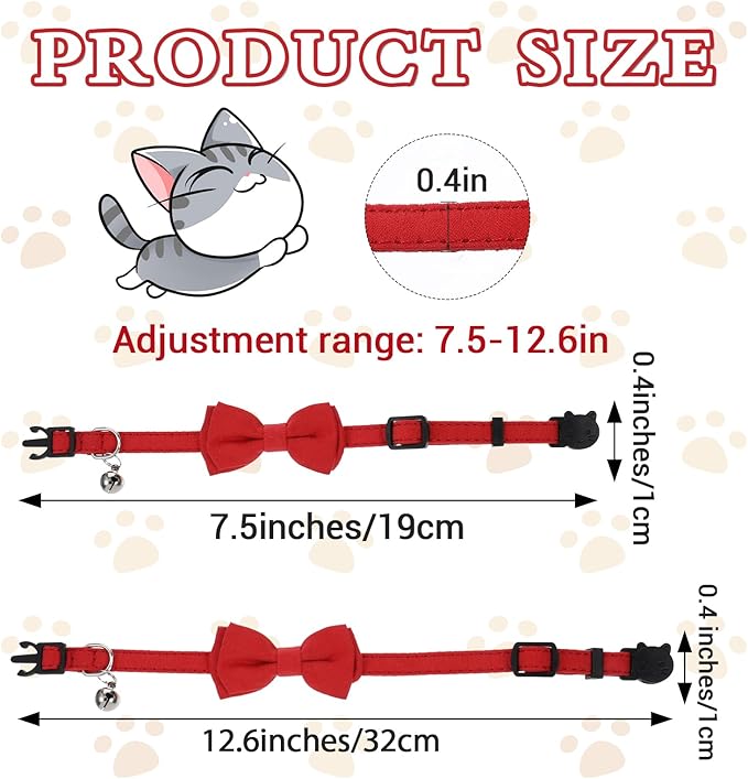 2pcs Red Cat Bowtie Collar, Cat Collar with Bells, Cats Bow Tie, Small Pet Safety Wedding Valentine's Day Basic Pure Color Suede Soft Adjustable 7-13 Inches