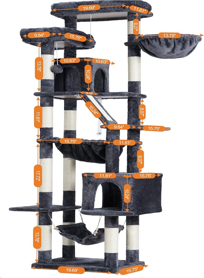 Heybly Cat Tree, 71-Inch-Tall Tower for Indoor Cats with 2 Perches, 2 Big Condos, 2 Hammocks, Basket, Scratching Pad, Large Cat Furniture and Condo, Smoky Gray HCT034G