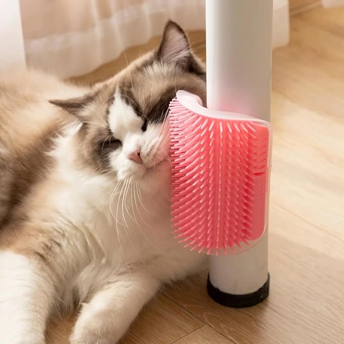 Cat Self Groomer – Wall Corner Grooming Brushes for Cats and Small Pets – Soft Massage Brush for Shedding Control and Face Rubbing (Pink)