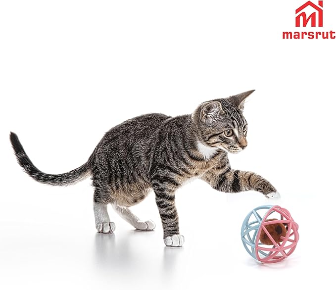 Squeaky Mouse Ball Cat Toy with Simulated Sound, Mouse Ball Cage, Squeky Balls for Cats to Play with Indoor, Plastic Squeak Interactive Funny Toys Best for Playing Chewing Training Chasing (Pink-Blue)