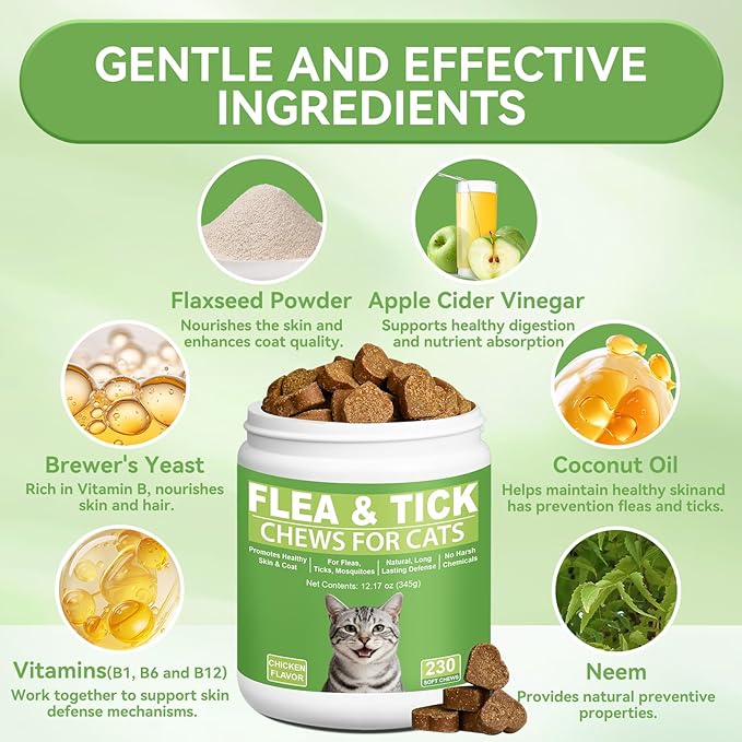 Cat Flea and Tick Chewables for Cats 230Ct, Natural Support Supplement, Flea Supplement for Cats, Flea and Tick Chews for Cats Kitten, All Breeds & Sizes, Digestive Health
