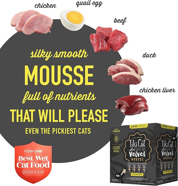 Tiki Cat After Dark Velvet Mousse Wet Cat Food, Variety Pack, 2.8 oz. Pouch (Pack of 12)