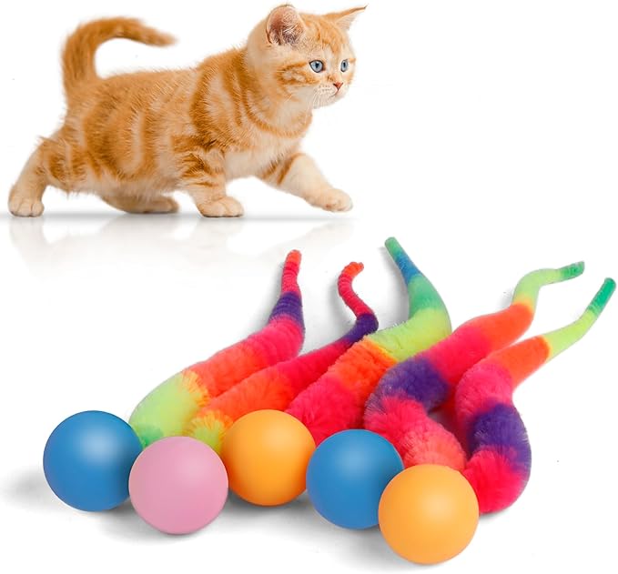 Bouncy Ball with Tail Cat Toys,5 Packs Rainbow Small Magic Worm with Ball Toy for Cats,Colorful Fuzzy Worm Bouncy Balls Cat Toy
