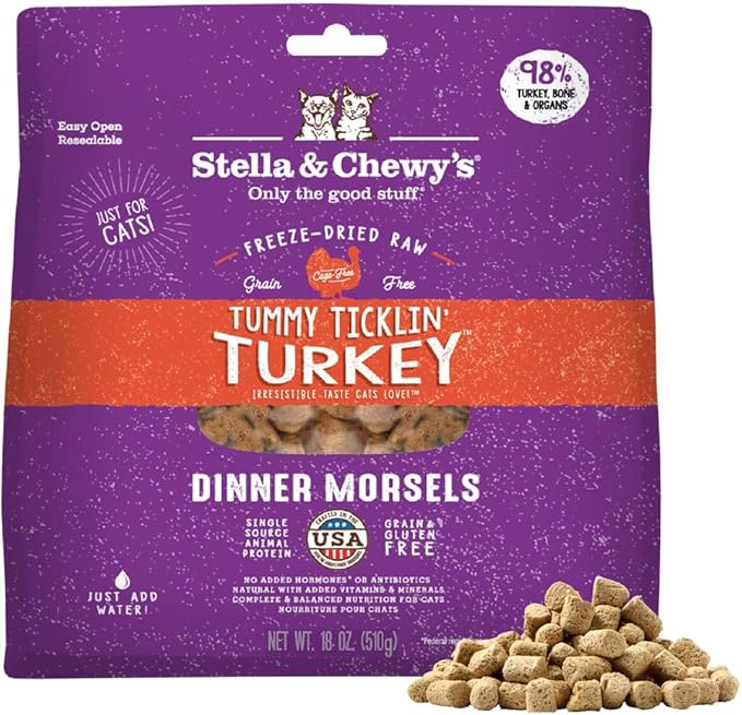Stella & Chewy's Freeze-Dried Raw Cat Dinner Morsels - Premium Turkey Recipe with 98% Farm-Raised Meat & Organs - Natural Grain-Free Cat & Kitten Food - Made in USA - 18 oz