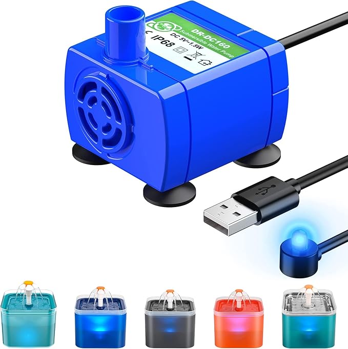 AONBOY Cat Fountain Pump with LED Light, 67oz/2L Cat Water Fountain Pump, Ultra Quiet, IP68 Waterproof, Long Lifespan