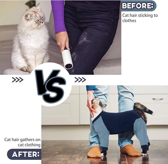 QBLEEV Sticky Hair Cat Clothes, Soft Cat Pajamas for Cats Only, Prevent Lost Fur Kitten Sweater Onesie, Stretchy Recovery Suit for Female Male Cats After Surgery Daily Wear, Blue, XL