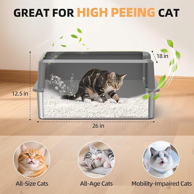 WoofiGo Enclosed Stainless Steel Cat Litter Box with Lid, XL Extra Large Litter Box for Big Cats, Metal Litter Pan High Sided, Never Absorbs Odors, Anti-Urine Leakage, Include Scoop (65-LightGray)
