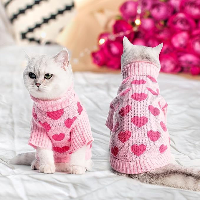 KOOLTAIL Cat Sweater - Outfit with Heart Love Pattern Cold Weather Soft Warm Knit Turtleneck Clothes for Cats Kitten Small Dogs Puppy Pink S