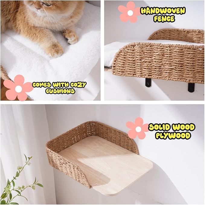 SHENGOCASE Modern Wall Mounted Cat Bed Perch with Handwoven Guardrail, 2-Pack, Wooden Shelves with Washable Pillow Cushions, Wall Furniture Set