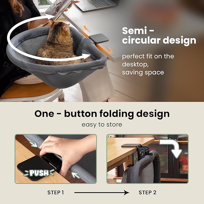 JUNSPOW Cat Desk Bed - One-Click Folding, Sunken Design & Space-Saving Semi-Circular Cat Bed, Mesh Cover Material, Suitable for Various Desktops-Maximum Hold Up to 40lb