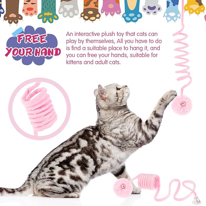 Gemscream 46 Pcs Cat Toys Set Interactive Cute Cat Toys Include Fur Mice Rattle Springs Crinkle Balls Pompom Bell Sisal Ball Puzzle Chase Toys for Kitten Indoor Stuff Gift(Pink)