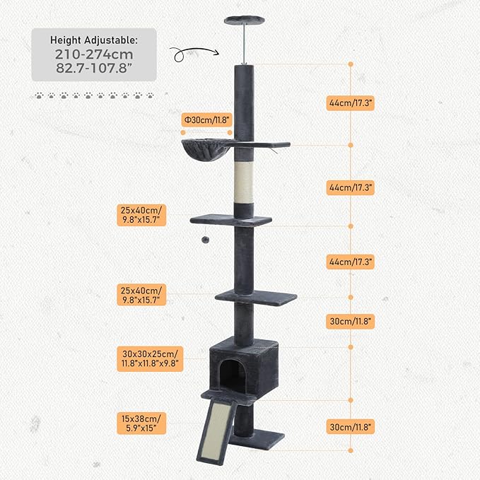 PETEPELA Floor to Ceiling Cat Tree, Cat Tower 5 Tiers Tall (83-108 Inches) Adjustable Height, Cat Climbing Tree Featuring with Condo, Scratching Post and Perches for Indoor Cats, Daek Grey