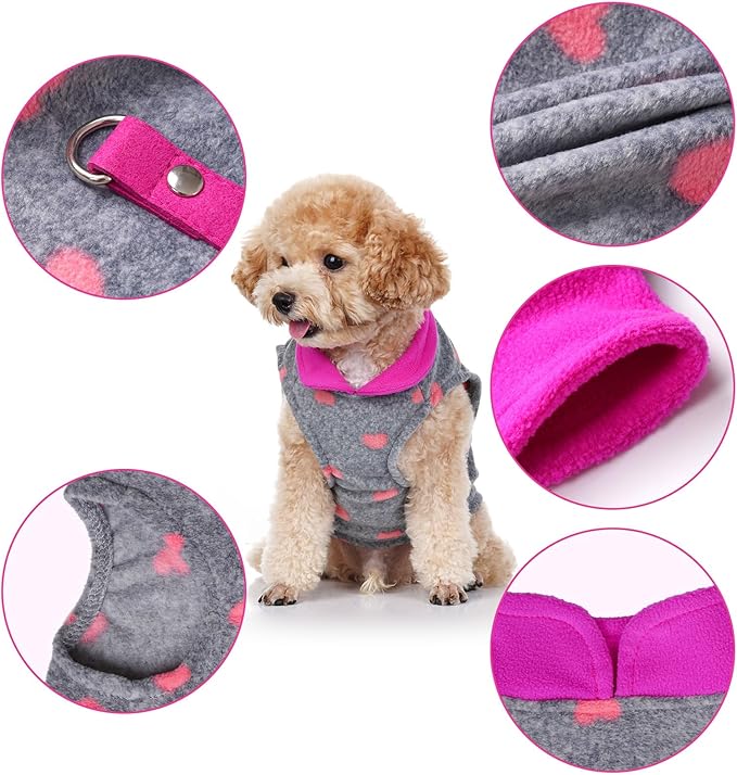 Rbenxia 2 Piece Grey and Pink Dog Heart Sweater with Leash Ring Soft Fleece Vest Dogs Pullover Warm Jacket Pet Dogs Clothes Winter Dog Outfits for Small Puppy Cat Pets (Medium, Stars+Heart)