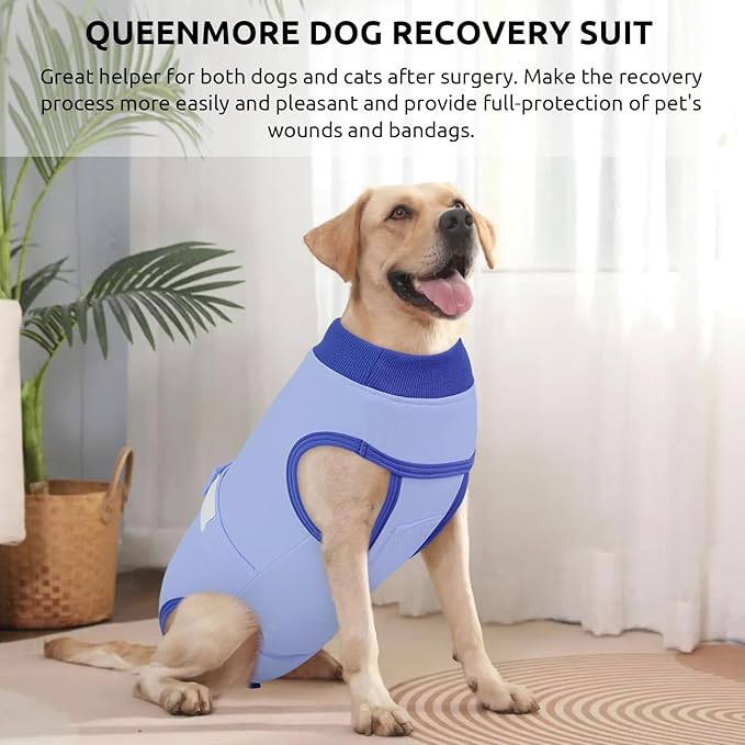 Queenmore Recovery Suit for Dogs Cone Alternative After Surgery Breathable Cotton Dog Onesie, Dog Surgery Suit Female Spay, Prevent Licking Pet Surgery Recovery Suit, Sky Blue,S