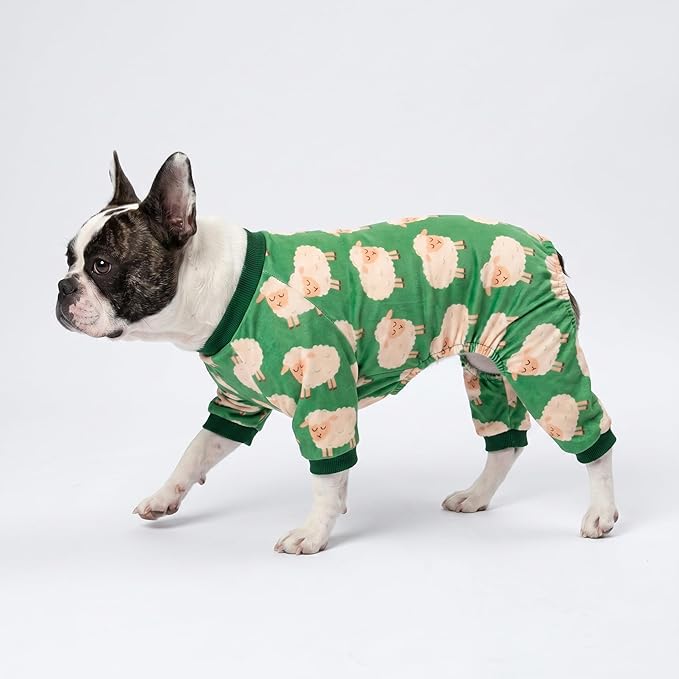 Fitwarm Funny Sheep Dog Pajamas, Warm Winter Dog Clothes for Small Dogs Boy Girl, Cozy Pet Onesie with Feet, Green, White, Medium