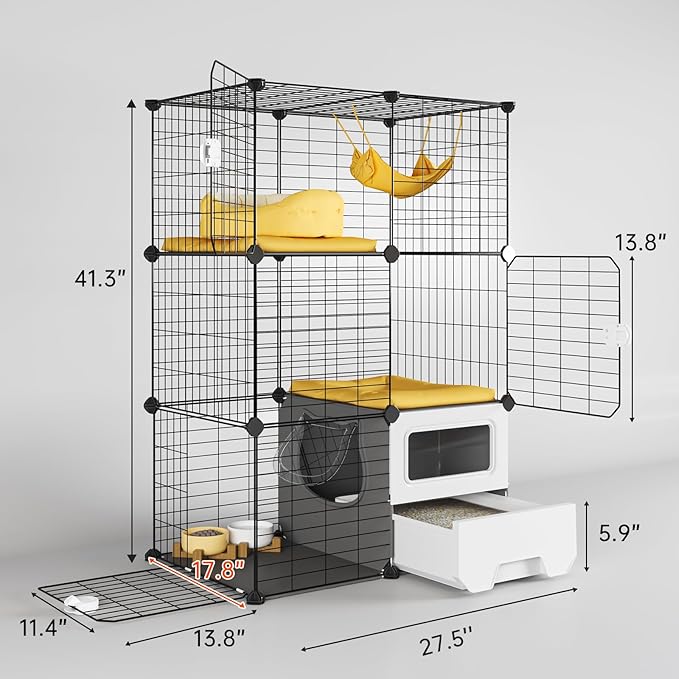Oneluck Cat Cage Indoor with Litter Box 3-Tier DIY Cat Playpen Detachable Metal Wire Kennel Crate Large Exercise Place Ideal for 1-2 Kitten