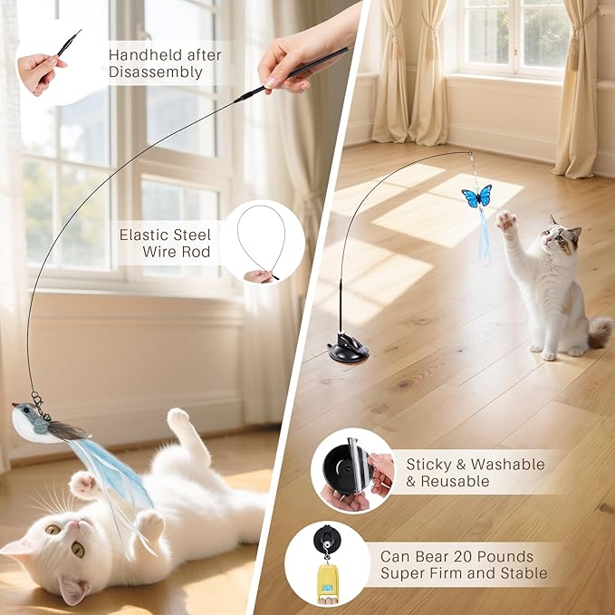Interactive Bird Simulation Cat Toys，4 in 1 Cat Toys for Indoor Cats, 4 Replacement Birds，Hanging Door Kitten Wand with Suction Cup Removable Feathers Balls Mice Butterfly Streamers
