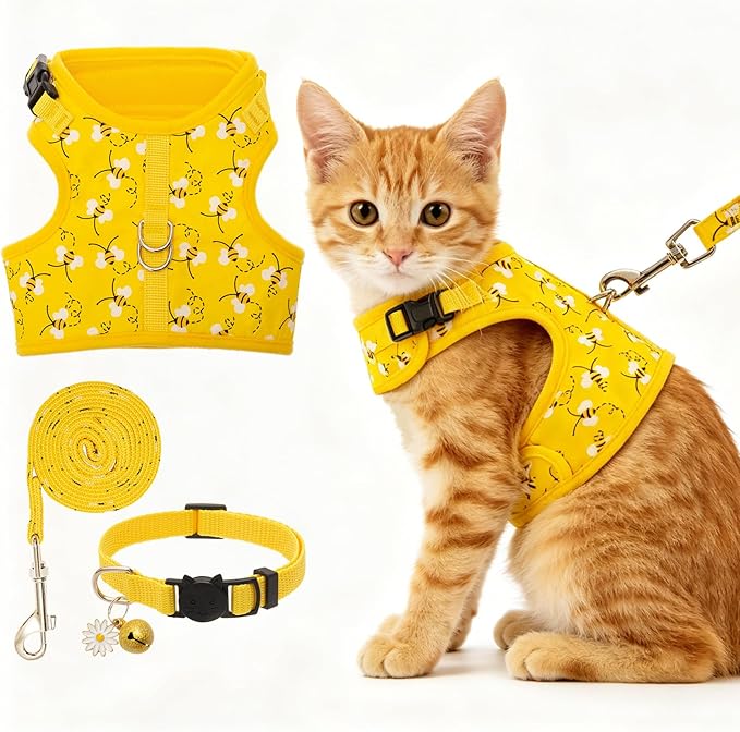 BINGPET Cat Harness with Leash and Collar for Walking - Escape Proof with 59 Inches Leash - Adjustable Soft Vest Harnesses for Medium Large Cats Bee
