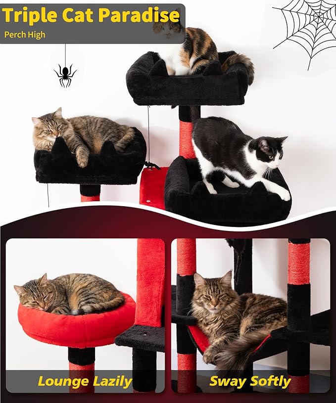 Heavy Duty Cat Tree for Indoor Cat, 71 Inch Large Cat Tower with Scratching Post and Top Perch, Hammock, Big Cat Condo for Adult Cats Kittens, PMT03RD, Black Red