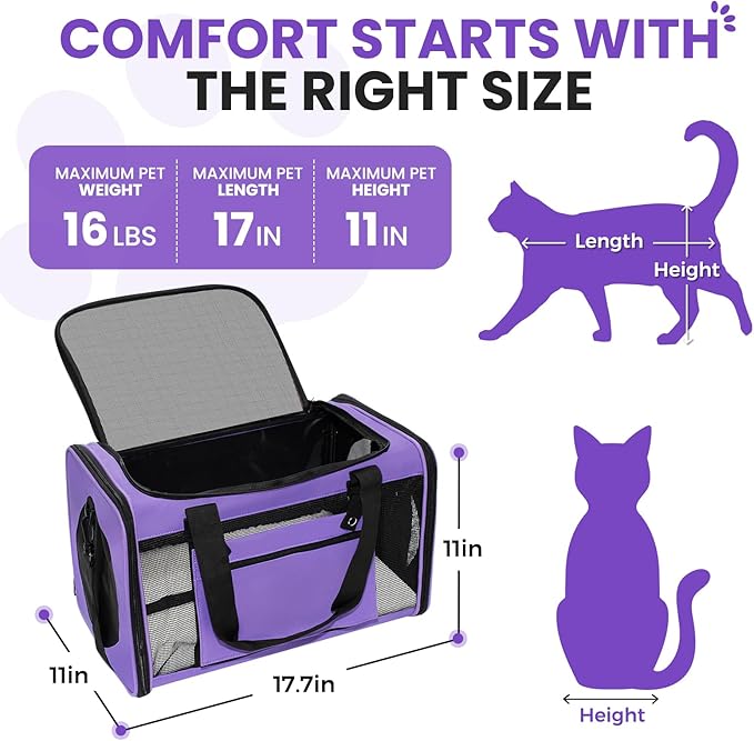 Soft-Sided Cat Carrier Expandable Pet Carrier Airline Approved Mesh Zipper with Lock Travel Carrier Up to 15lbs for Cats Dogs Collapsible Escape-Proof with Strap (18x11x11 Purple-L)