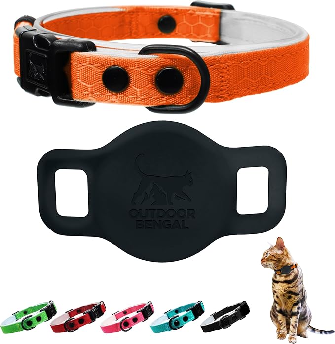 OutdoorBengal Breakaway Cat Collar + Airtag Holder, No Bell - Compatible Silicone Case, Breakaway Airtag Cat Collar for Apple Air Tag - Waterproof Tracking Collars - Boy, Girl, Cats, Kittens (Orange)
