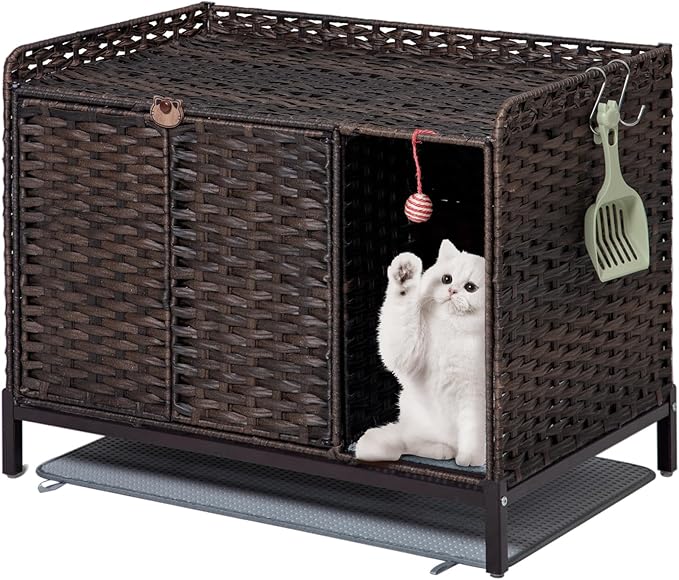 SETVSON Cat Litter Box Enclosure Furniture with Divider, Handwoven Rattan Litter Box with Mat, 31.2 x 19.6 x 24.2 Inches, Metal Heightened Feet, Hidden Cat House for Living Room, Bedroom (Brown)